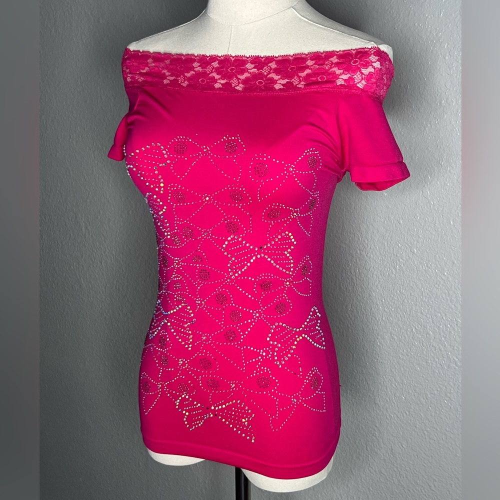 Rhinestone bow off shoulder shirt